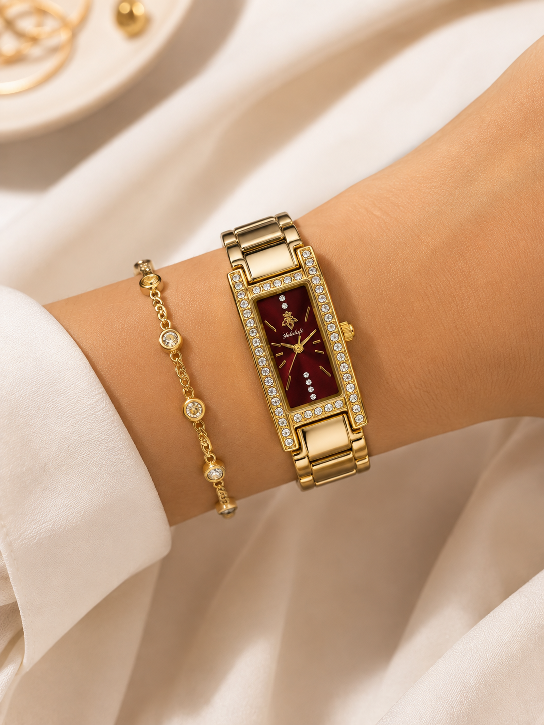 YALALUSI Women's Gold Crystal Watch – Red Dial
