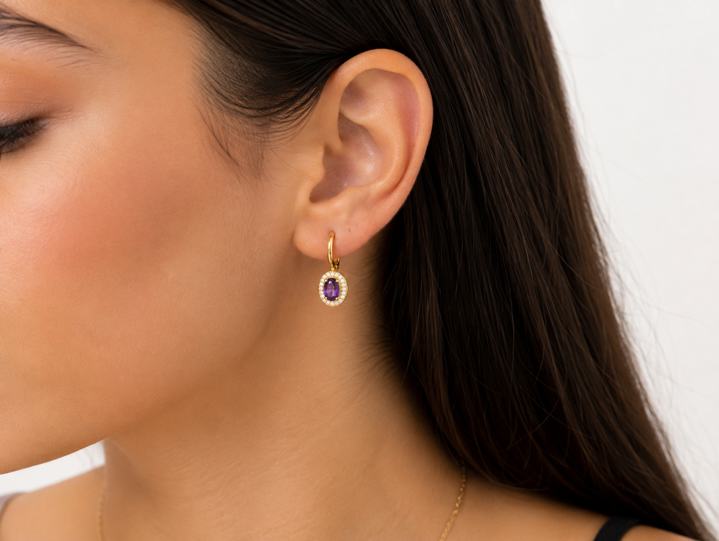 Gold Purple Halo Drop Earrings