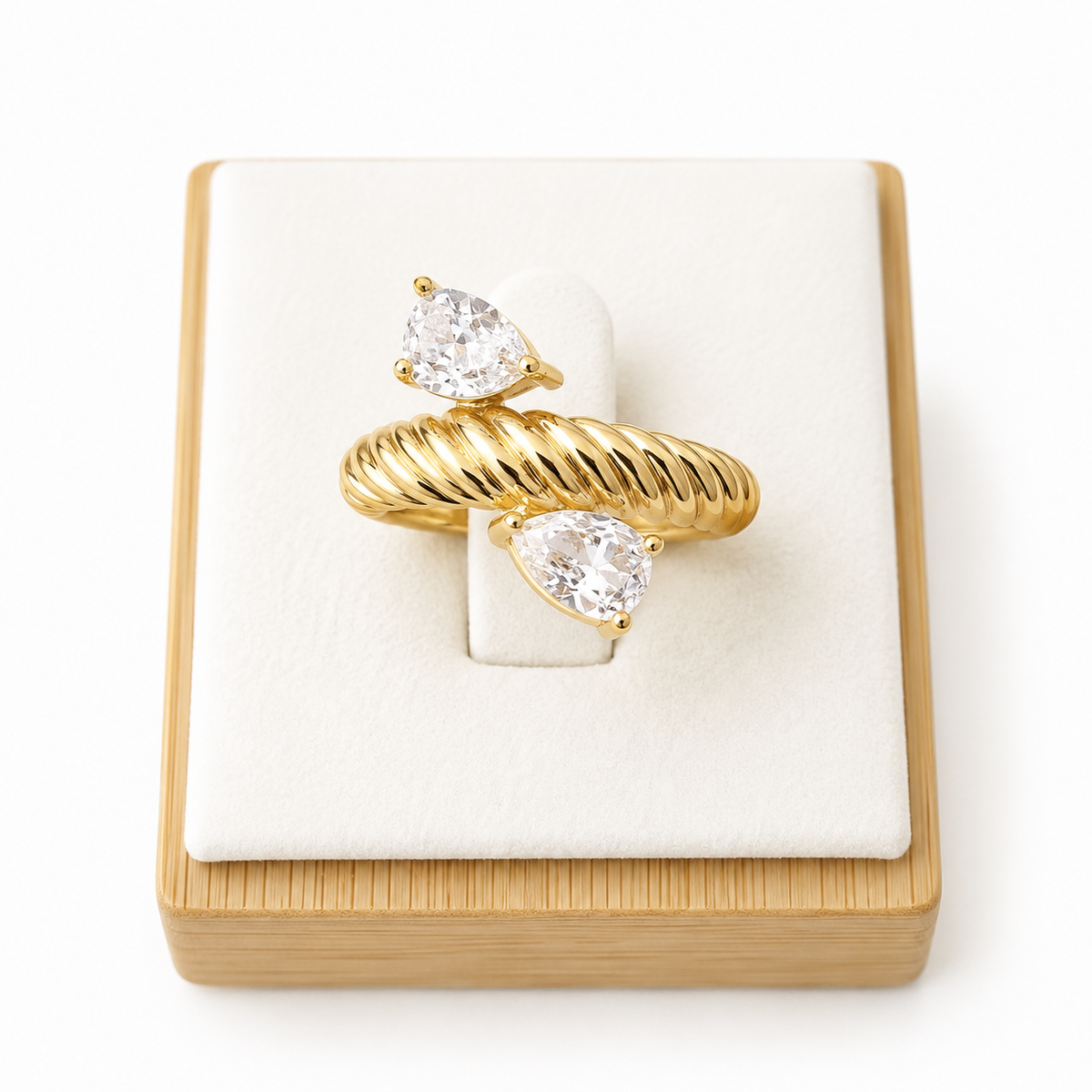 Gold Twist Double Teardrop Crystal Ring