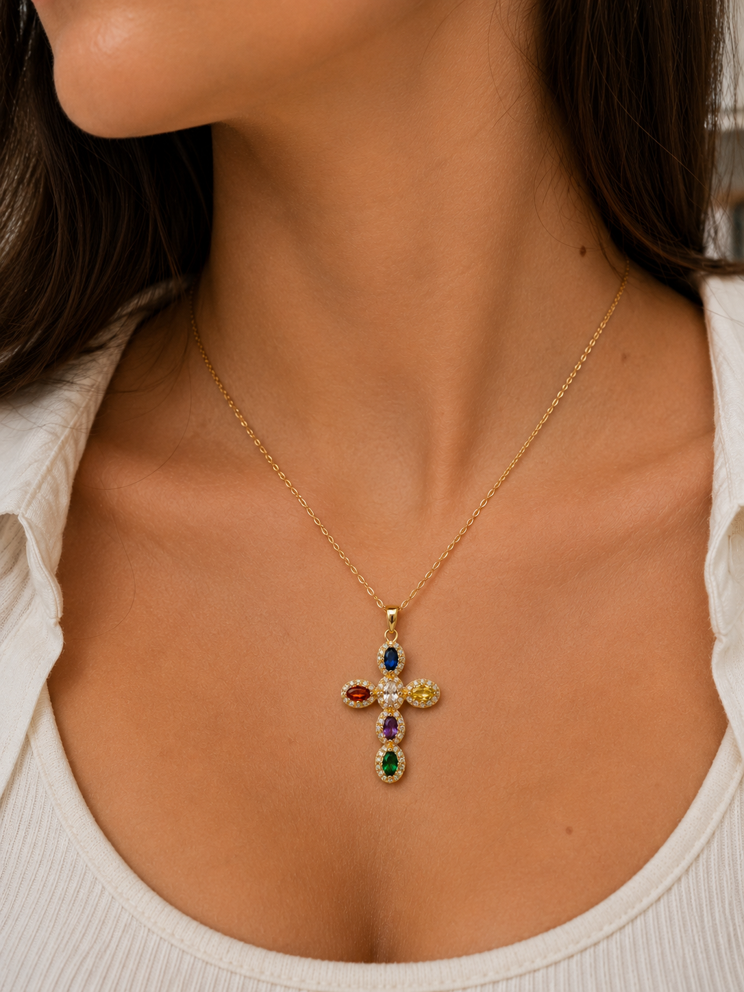 Rainbow Crystal Cross Necklace