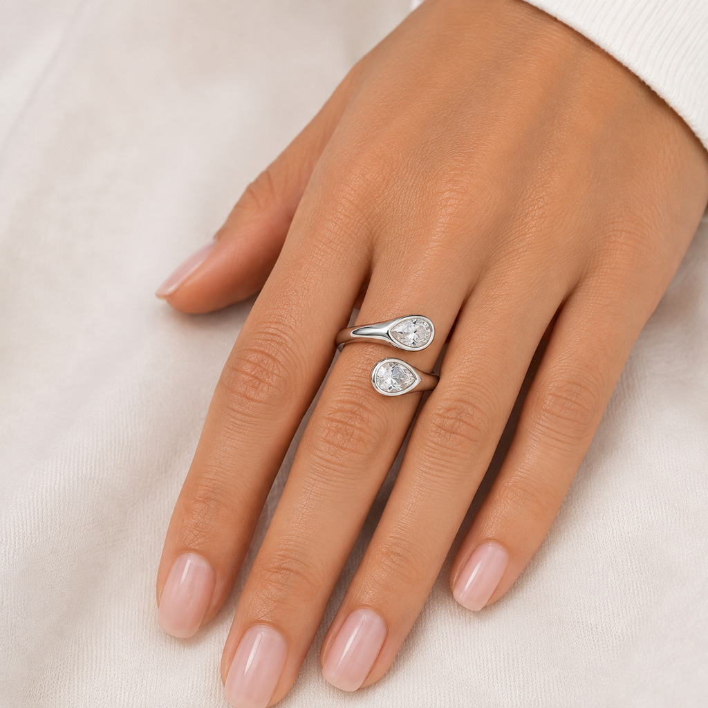 Silver Double Teardrop Adjustable Ring