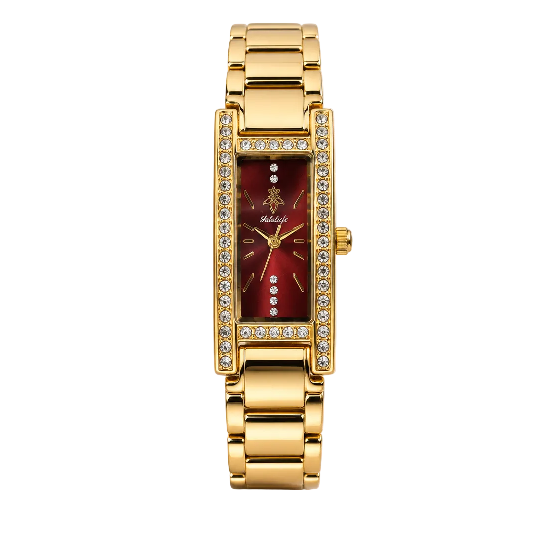 YALALUSI Women's Gold Crystal Watch – Red Dial